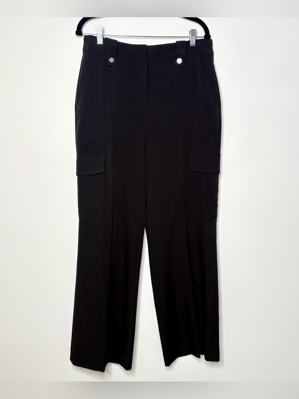 White House Black Market Utility Satin Cargo Dress Pants Black Wide Leg
